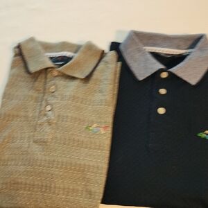 Greg Norman Collection Black & Tan Polo Shirts with Shark Logo Lot of 2 Size L